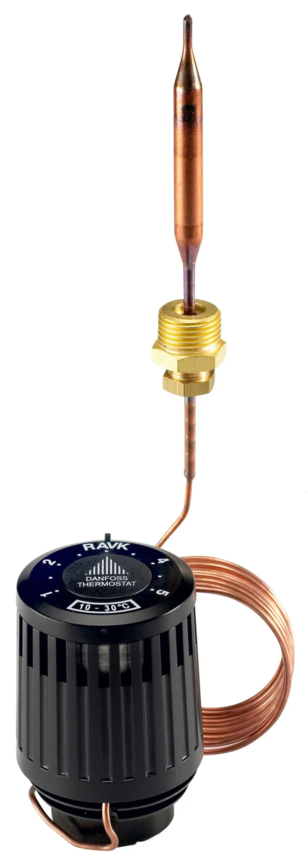 Thermostat mit Fernfühler und Kapillarröhre, hergestellt von Danfoss. zeigt eine schwarze Steuereinheit mit einem drehbaren Einstellbereich und einer Metallkapillare.